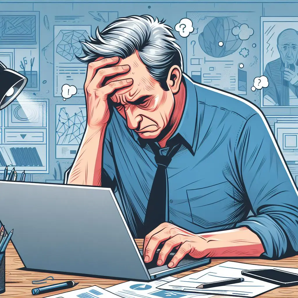 man in front of laptop looking worried